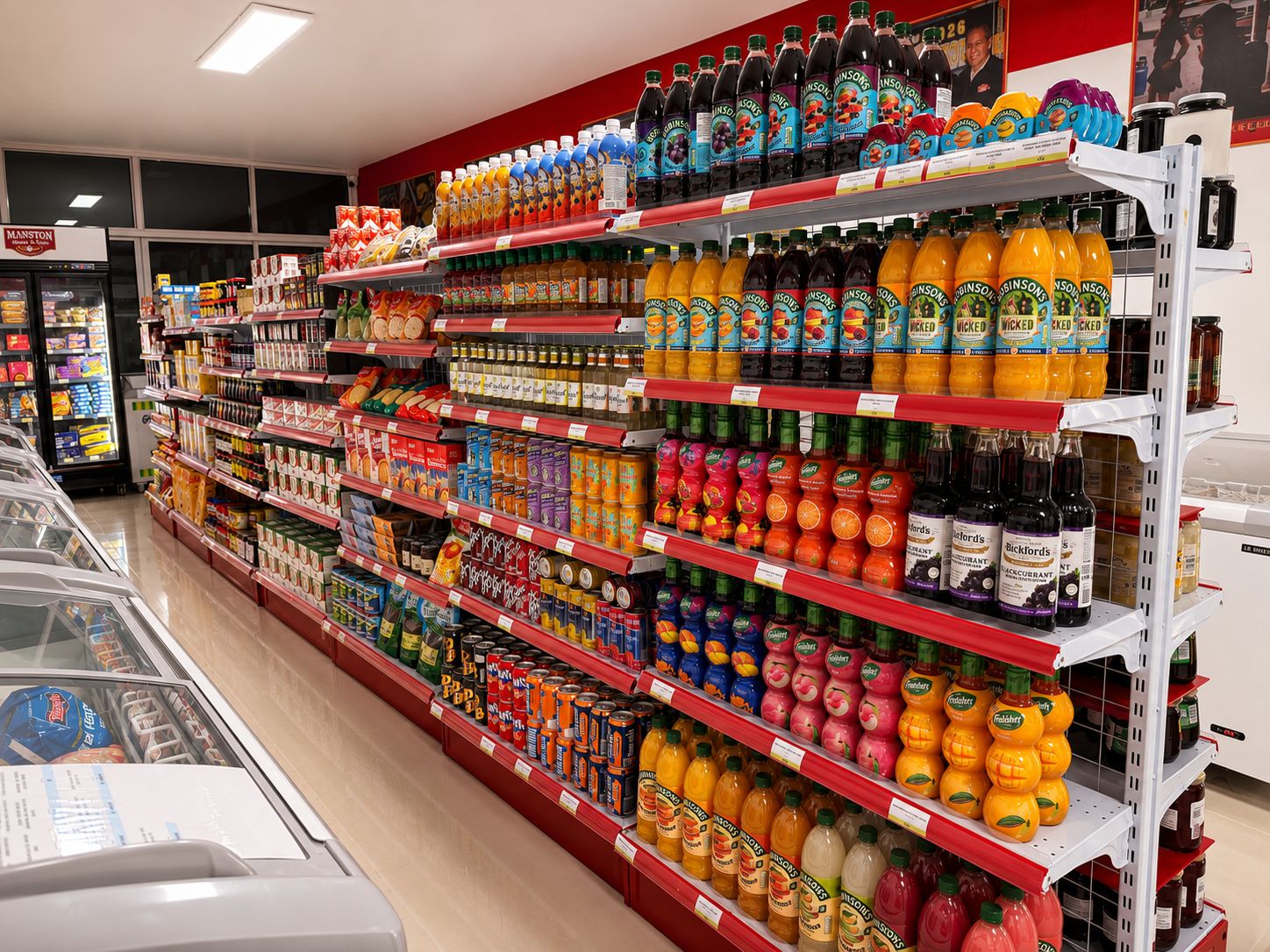 Quality meats poster and packed shelves at Manston Market & Café