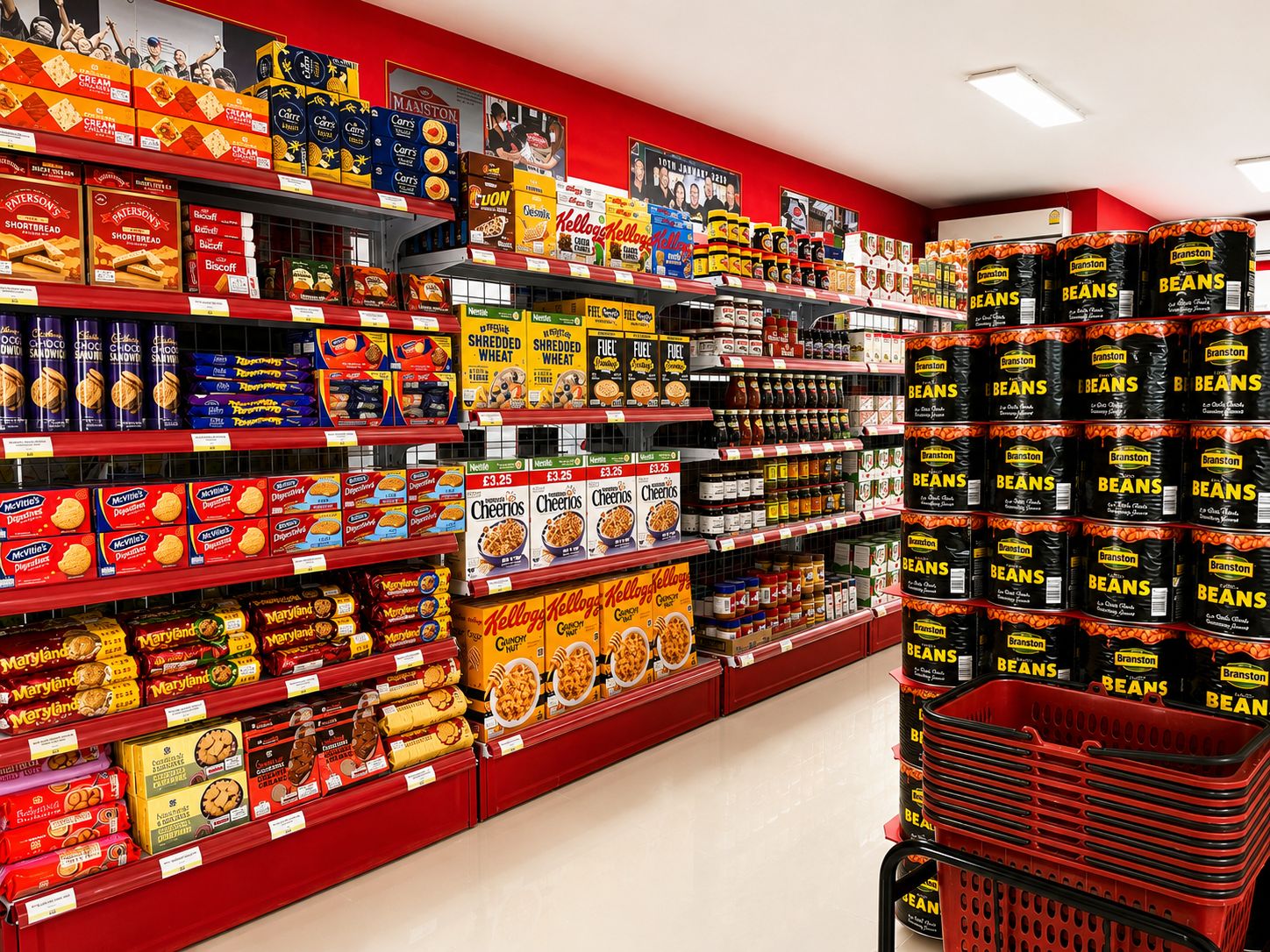 A long aisle of imported cordials, juices and soft drinks