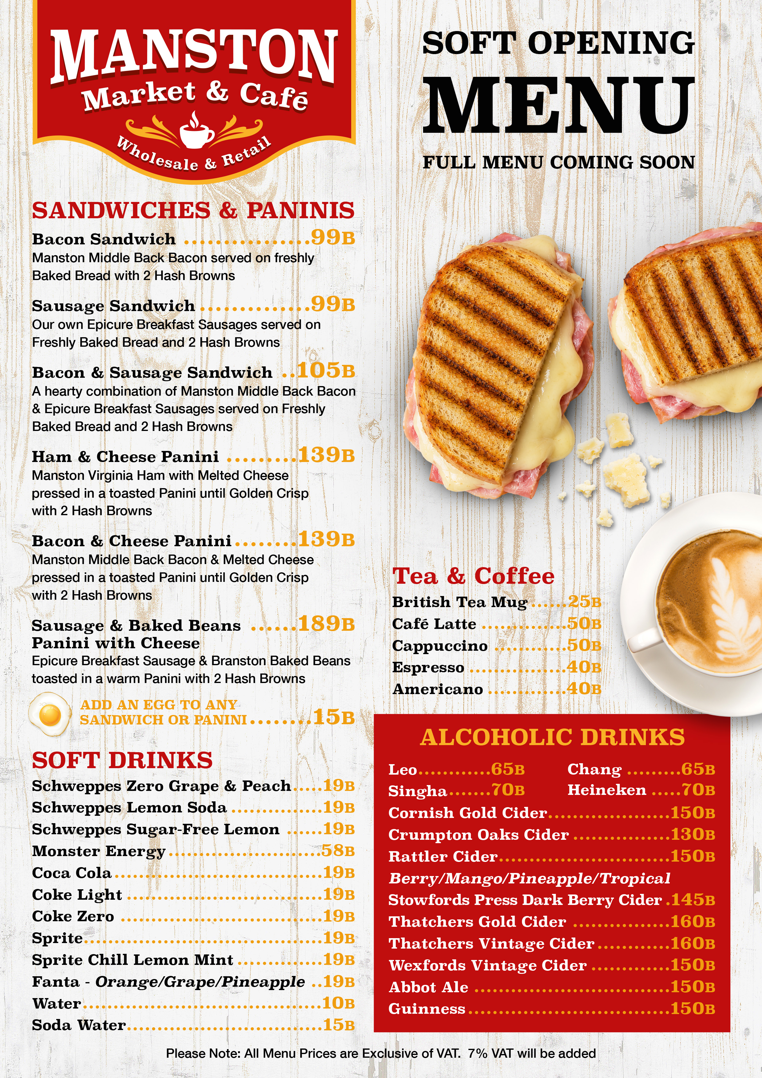 Manston Market & Café Soft Opening Menu — page 1: Sandwiches, drinks and coffee