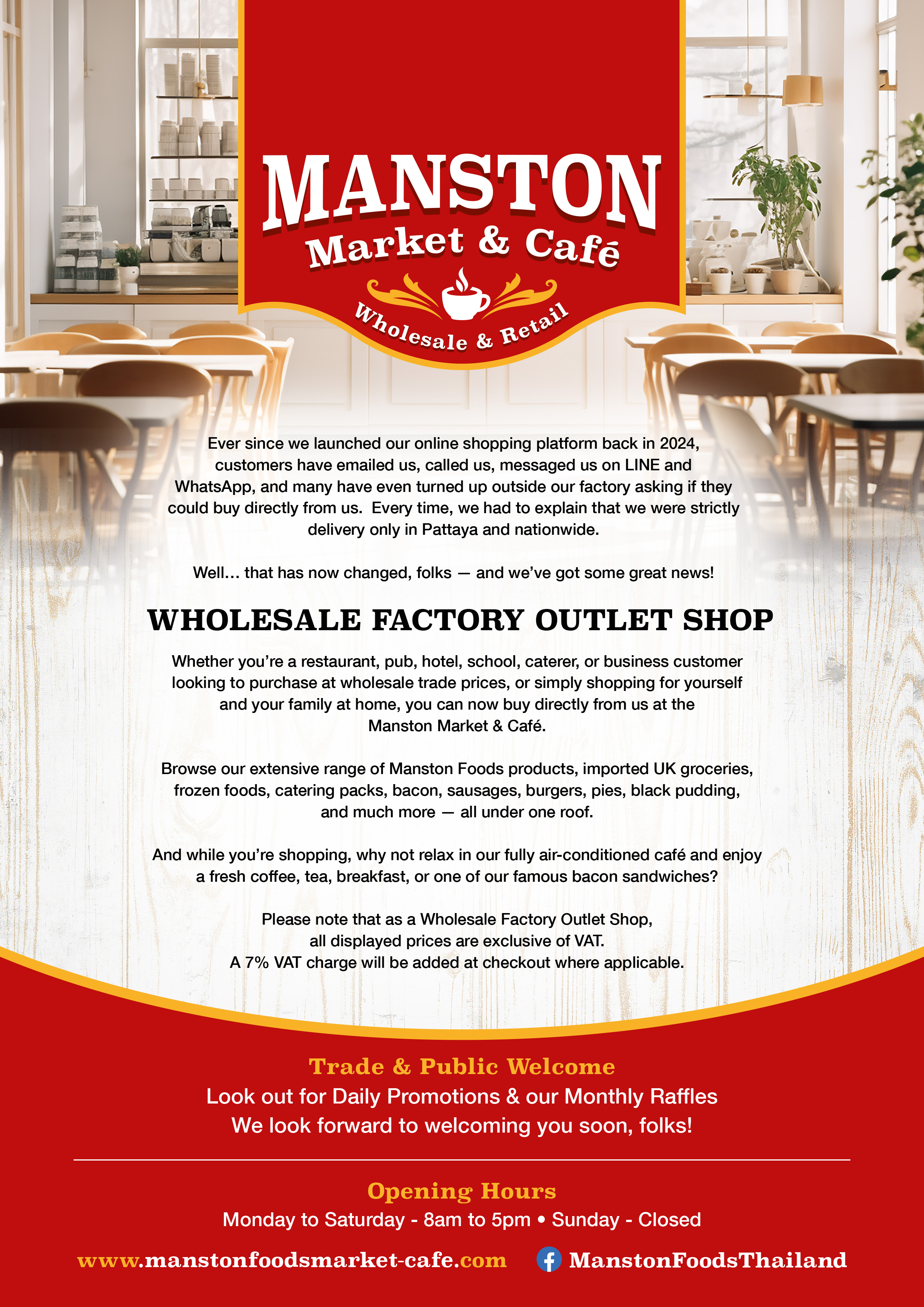 Manston Market & Café Soft Opening Menu — page 2: Wholesale Factory Outlet Shop welcome