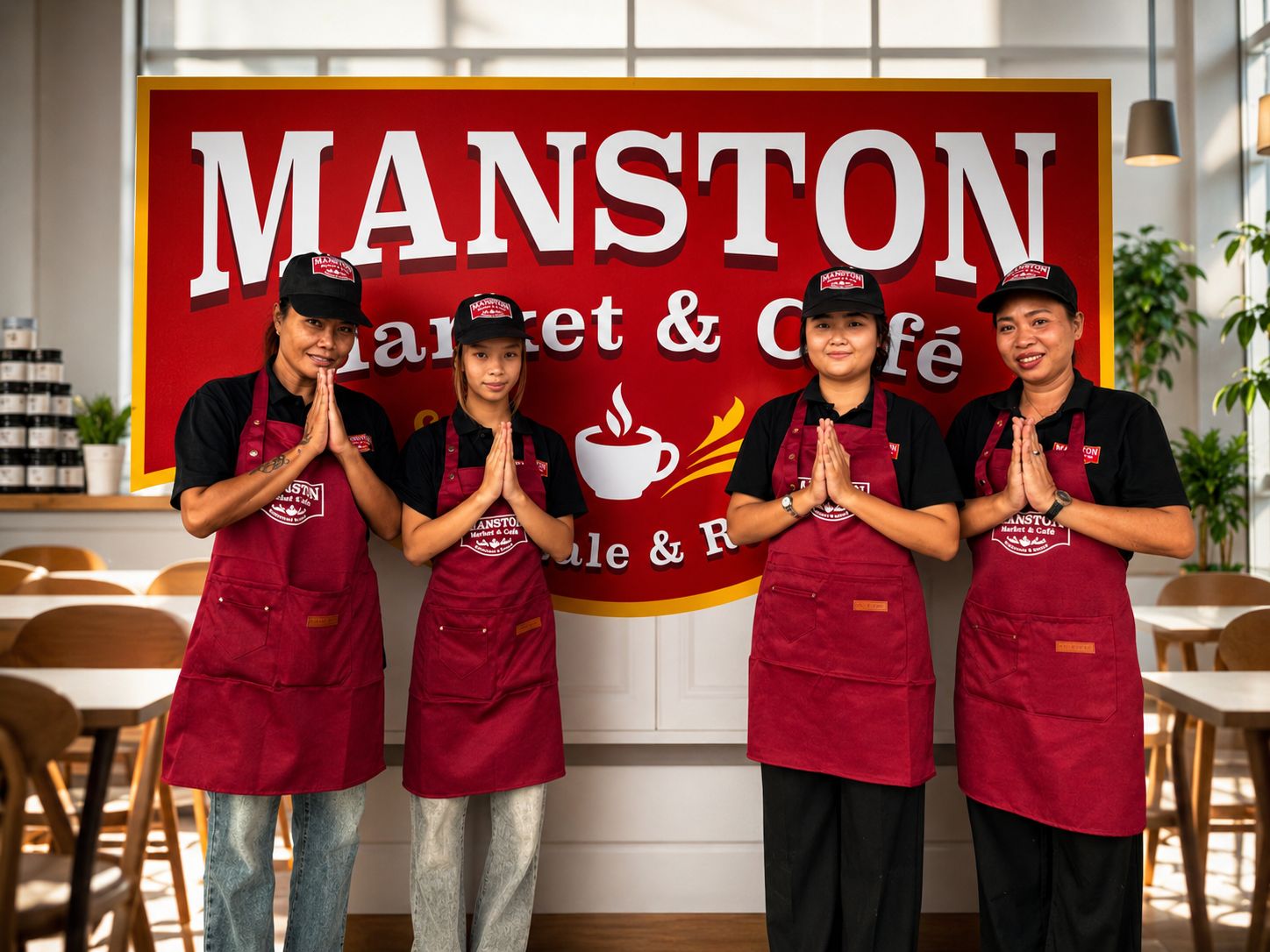 The Manston Market & Café team welcoming you in front of the Manston sign