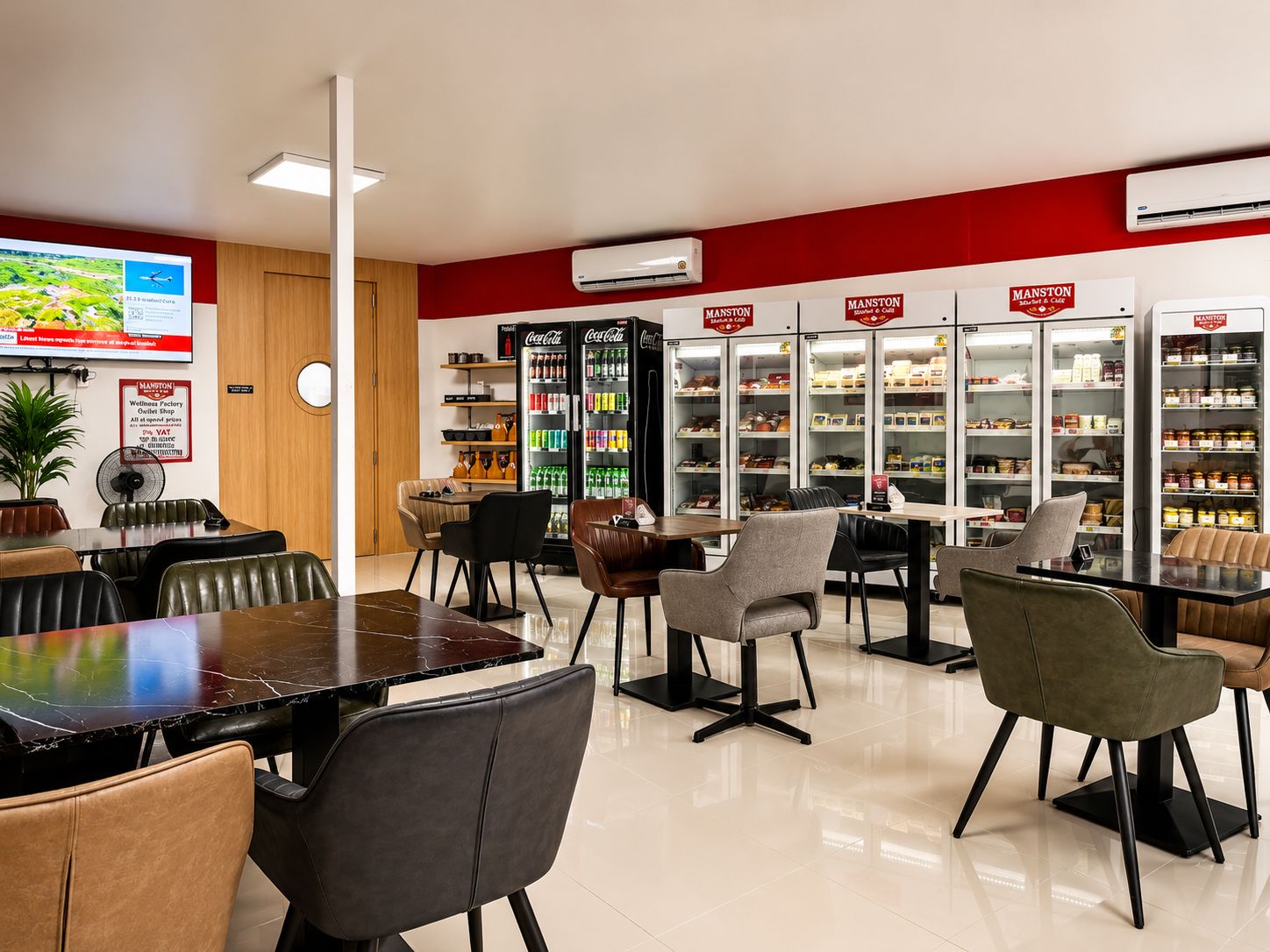 The café area at Manston Market & Café — comfy chairs and dining tables
