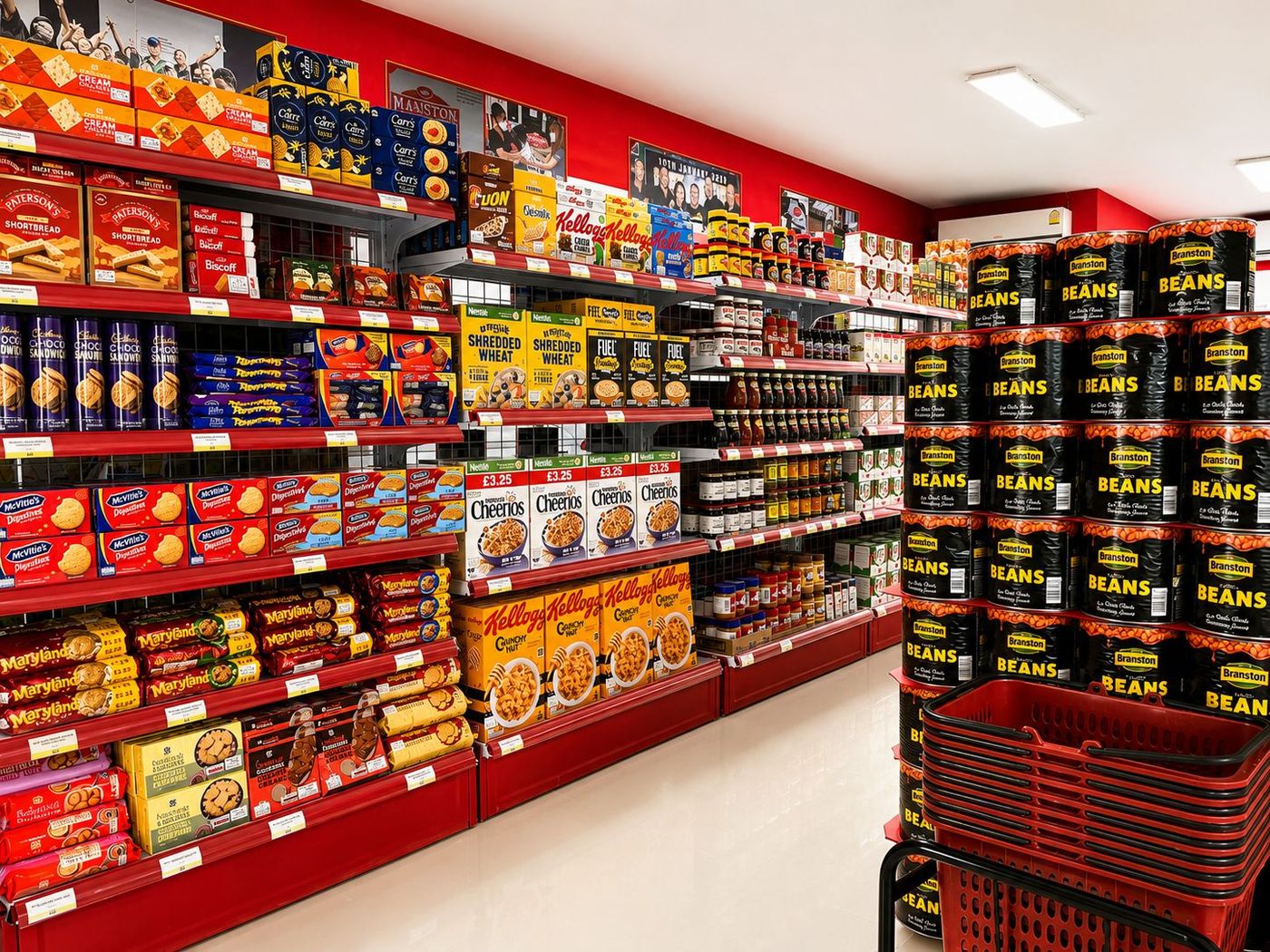 A long aisle of imported cordials, juices and soft drinks