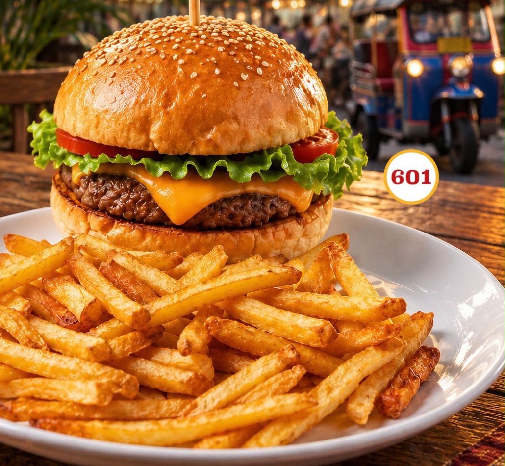 A cheeseburger with lettuce and tomato served with chips